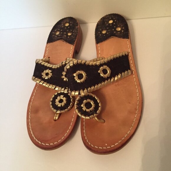 JACK ROGERS SHOES SANDALS FLATS THONGS BLACK GOLD WHIPSTITCH LEATHER - Picture 1 of 7